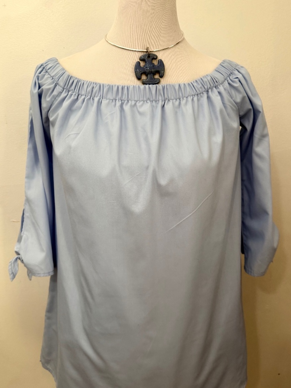 Blue Aura Off Shoulder Lucca Couture Blouse with Tie Sleeves, SZ Small